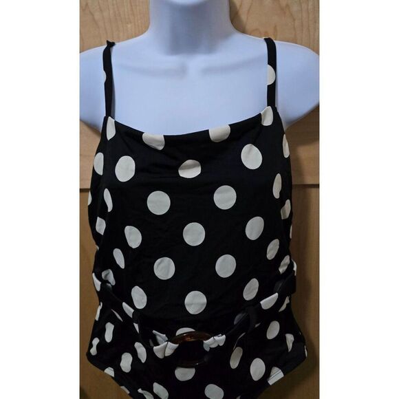 Polka Dot Black & White One-Piece Swimsuit With Belted Waist & Adjustable Straps - Picture 2 of 6